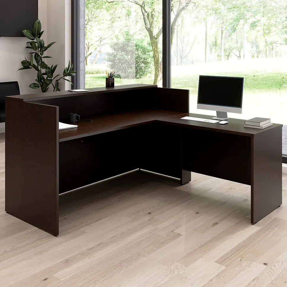 Bush Business Furniture Arrive 72"W L Shaped Reception Desk with Shelf, Mocha Cherry (ARV006MR)