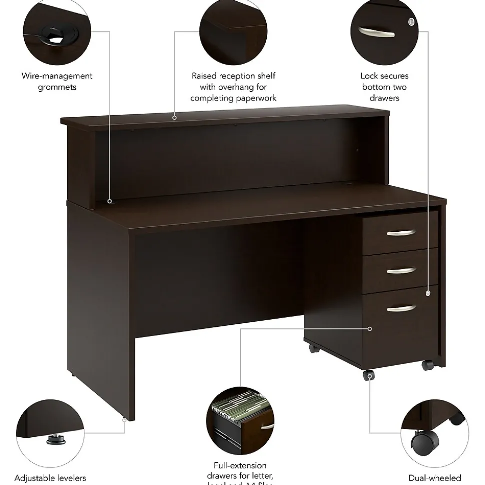 Bush Business Furniture Arrive 60"W Reception Desk with Shelf and Mobile File Cabinet, Mocha Cherry (ARV002MR)
