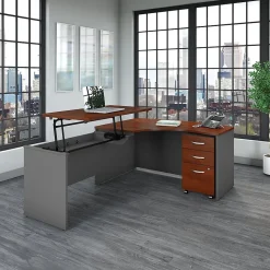 Bush Business Furniture Westfield 60"W Left Hand 3 Position Sit to Stand L Desk w/ File Cabinet, Hansen Cherry (SRC127HCSU)