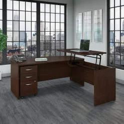 Bush Business Furniture Westfield 72"W 3 Position Bow Front Sit to Stand L Desk w/ File Cabinet, Mocha Cherry (SRC126MRSU)