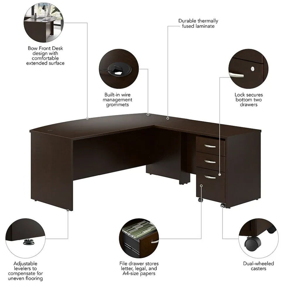 Bush Business Furniture Westfield 72W Bow Front L Shaped Desk with 42W Return and Mobile File Cabinet, Mocha Cherry (SRC167MRSU)
