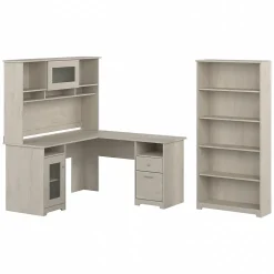 Bush Furniture Cabot 60" L-Shaped Desk with Hutch and 5-Shelf Bookcase, Linen White Oak (CAB011LW)