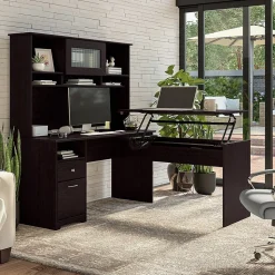 Bush Furniture Cabot 60"W 3 Position Sit to Stand L Shaped Desk with Hutch, Espresso Oak (CAB045EPO)
