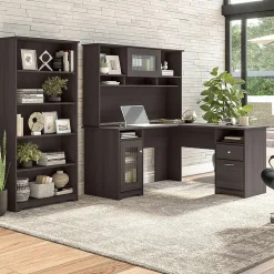 Bush Furniture Cabot 60"W L Shaped Computer Desk with Hutch and 5 Shelf Bookcase, Heather Gray (CAB011HRG)