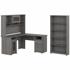 Bush Furniture Cabot 60"W L Shaped Computer Desk with Hutch and 5 Shelf Bookcase, Modern Gray (CAB011MG)