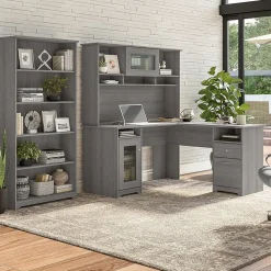 Bush Furniture Cabot 60"W L Shaped Computer Desk with Hutch and 5 Shelf Bookcase, Modern Gray (CAB011MG)