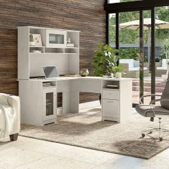 Bush Furniture Cabot 60"W L Shaped Computer Desk with Hutch and Storage, Linen White Oak (CAB001LW)