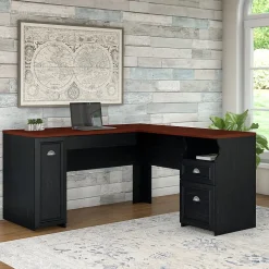 Bush Furniture Fairview 60"W L Shaped Desk with Drawers and Storage Cabinet, Antique Black/Hansen Cherry (WC53930-03K)