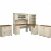 Bush Furniture Fairview 60"W L Shaped Desk with Hutch, File Cabinet, Bookcase and Storage, Antique White/Tea Maple (FV013AW)