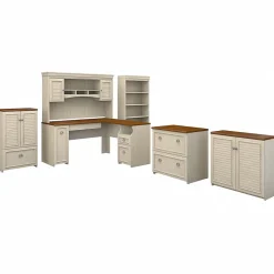 Bush Furniture Fairview 60"W L Shaped Desk with Hutch, Bookcase, Storage and File Cabinets, Antique White/Tea Maple (FV014AW)