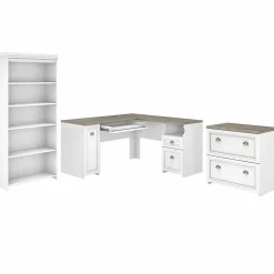 Bush Furniture Fairview 60"W L Shaped Desk with Lateral File Cabinet and 5 Shelf Bookcase, Shiplap Gray/Pure White (FV008G2W)