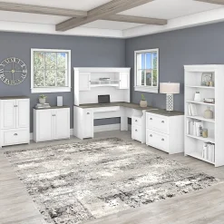 Bush Furniture Fairview 60"W L Shaped Desk with Hutch, Bookcase, Storage and File Cabinets, Shiplap Gray/Pure White (FV014G2W)