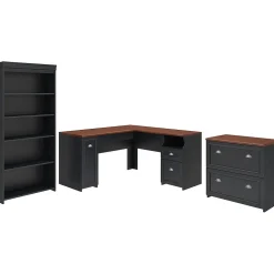 Bush Furniture Fairview 60"W L Shaped Desk with Lateral File Cabinet and 5 Shelf Bookcase, Antique Black (FV008AB)