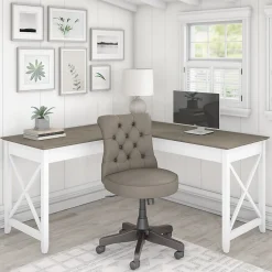 Bush Furniture Key West 60" L-Shaped Desk with Mid-Back Tufted Office Chair, Shiplap Gray/Pure White (KWS045G2W)