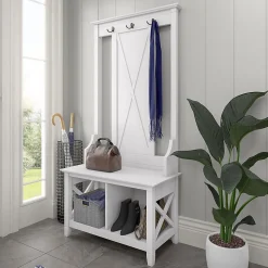 Bush Furniture Key West 66" Hall Tree with Shoe Storage Bench, Pure White Oak (KWS166WT-03)