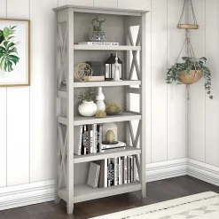 Bush Furniture Key West 66"H 5-Shelf Bookcase with Adjustable Shelves, Linen White Oak Laminated Wood (KWB132LW-03)