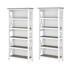 Bush Furniture Key West 66"H 5-Shelf Bookcase with Adjustable Shelves, Shiplap Gray/Pure White Laminated Wood, 2/Set (KWS046G2W)