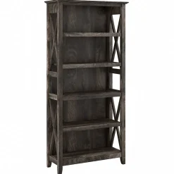 Bush Furniture Key West 66"H 5-Shelf Bookcase with Adjustable Shelves, Dark Gray Hickory Wood (KWB132GH-03)