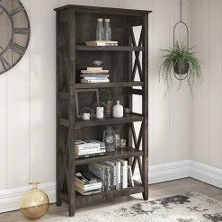 Bush Furniture Key West 66"H 5-Shelf Bookcase with Adjustable Shelves, Dark Gray Hickory Wood (KWB132GH-03)