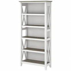 Bush Furniture Key West 5-Shelf 66"H Bookcase, Shiplap Gray/Pure White (KWB132G2W-03)