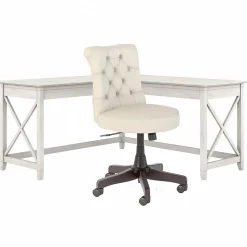 Bush Furniture Key West 60"W L Shaped Desk with Mid Back Tufted Office Chair, Linen White Oak (KWS045LW)