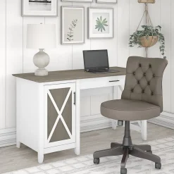 Bush Furniture Key West 54"W Computer Desk with Storage and Mid-Back Tufted Office Chair, Shiplap Gray/Pure White (KWS020G2W)