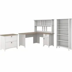 Bush Furniture Salinas 60" L-Shaped Desk with Hutch, File Cabinet and 5-Shelf Bookcase, Shiplap Gray/Pure White (SAL007G2W)