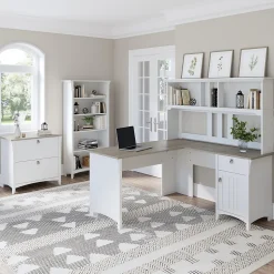 Bush Furniture Salinas 60" L-Shaped Desk with Hutch, File Cabinet and 5-Shelf Bookcase, Shiplap Gray/Pure White (SAL007G2W)