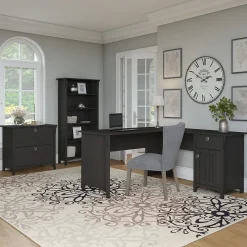 Bush Furniture Salinas 60"W L Shaped Desk with Lateral File Cabinet and 5 Shelf Bookcase, Vintage Black (SAL003VB)
