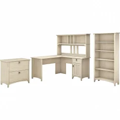 Bush Furniture Salinas 60"W L Shaped Desk with Hutch, Lateral File Cabinet and 5 Shelf Bookcase, Antique White (SAL007AW)