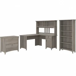 Bush Furniture Salinas 60"W L Shaped Desk with Hutch, Lateral File Cabinet and 5 Shelf Bookcase, Driftwood Gray (SAL007DG)