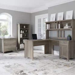 Bush Furniture Salinas 60"W L Shaped Desk with Hutch, Lateral File Cabinet and 5 Shelf Bookcase, Driftwood Gray (SAL007DG)