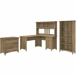 Bush Furniture Salinas 60"W L Shaped Desk with Hutch, Lateral File Cabinet and 5 Shelf Bookcase, Reclaimed Pine (SAL007RCP)