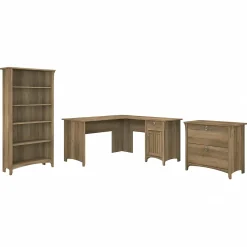 Bush Furniture Salinas 60"W L Shaped Desk with Lateral File Cabinet and 5 Shelf Bookcase, Reclaimed Pine (SAL003RCP)