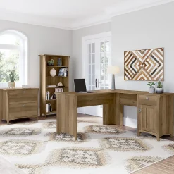 Bush Furniture Salinas 60"W L Shaped Desk with Lateral File Cabinet and 5 Shelf Bookcase, Reclaimed Pine (SAL003RCP)