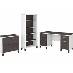 Bush Furniture Somerset 60" Computer Desk with Lateral File Cabinet and 5-Shelf Bookcase, Storm Gray/White (SET013SGWH)