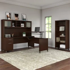 Bush Furniture Somerset 72"W 3 Position Sit to Stand L Shaped Desk with Hutch and Bookcase, Mocha Cherry (SET017MR)