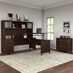 Bush Furniture Somerset 72"W 3 Position Sit to Stand L Shaped Desk with Hutch and File Cabinet, Mocha Cherry (SET016MR)