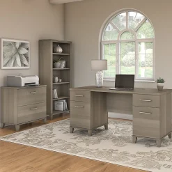 Bush Furniture Somerset 60"W Office Desk with Lateral File Cabinet and 5 Shelf Bookcase, Ash Gray (SET013AG)
