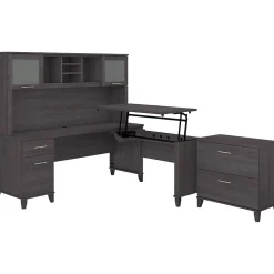 Bush Furniture Somerset 72"W 3 Position Sit to Stand L Shaped Desk with Hutch and File Cabinet, Storm Gray (SET016SG)