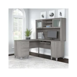 Bush Furniture Somerset 60"W L Shaped Desk with Hutch, Platinum Gray (SET002PG)