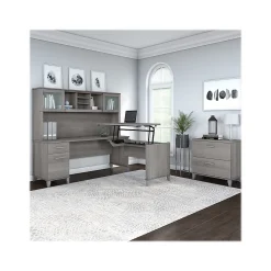 Bush Furniture Somerset 72"W 3 Position Sit to Stand L Shaped Desk with Hutch and File Cabinet, Platinum Gray (SET016PG)
