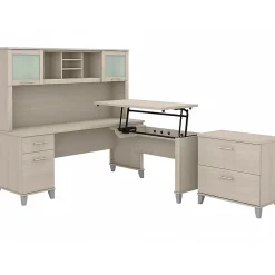 Bush Furniture Somerset 72"W 3 Position Sit to Stand L Shaped Desk with Hutch and File Cabinet, Sand Oak (SET016SO)
