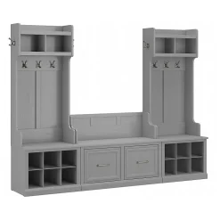 Bush Furniture Woodland Entryway Storage Set with Hall Trees and Shoe Bench with Doors, Cape Cod Gray (WDL011CG)