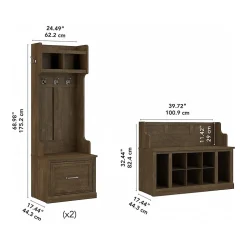Bush Furniture Woodland Entryway Storage Set with Hall Trees and Shoe Bench with Drawers, Ash Brown (WDL012ABR)