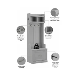 Bush Furniture Woodland Entryway Storage Set with Hall Trees and Shoe Bench with Drawers, Cape Cod Gray (WDL012CG)
