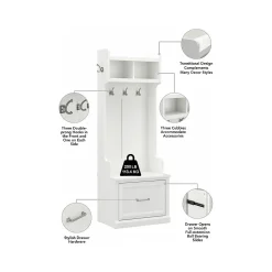 Bush Furniture Woodland Entryway Storage Set with Hall Trees and Shoe Bench with Drawers, White Ash (WDL012WAS)