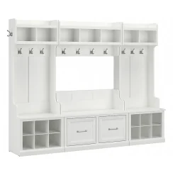 Bush Furniture Woodland Full Entryway Storage Set with Coat Rack and Shoe Bench with Doors, White Ash (WDL013WAS)