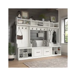 Bush Furniture Woodland Full Entryway Storage Set with Coat Rack and Shoe Bench with Doors, White Ash (WDL013WAS)