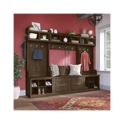 Bush Furniture Woodland Full Entryway Storage Set with Coat Rack and Shoe Bench with Doors, Ash Brown (WDL013ABR)